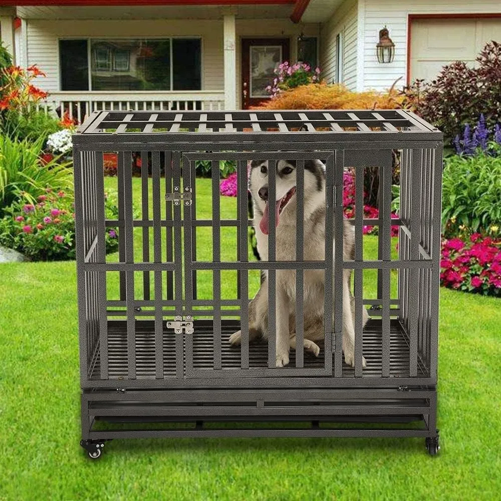 

Heavy Duty Dog Crate, Large Dog Cage Metal & Large Dog Crate Indoor & Outdoor with Lock, Lockable Wheels & Removable Tray, Black