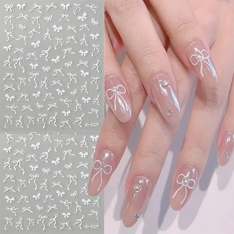 New White Bowknot Kawaii 5D Nail Sticker Pink Long Ribbon Butterfly Heart Self Adhesive Nail Art Sliders Manicure DIY Nail Decal