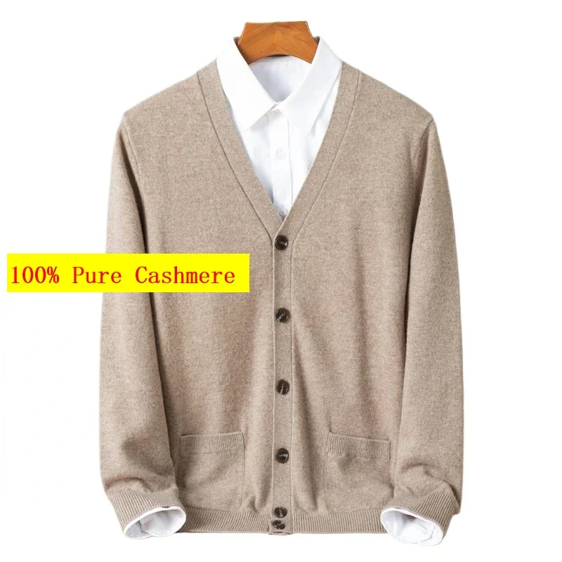 

New Arrival High Quality Cashmere Cardigan Men's Autumn Simple Solid Color V-neck Knitted Sweater Jacket Trend Plus Size S-4XL