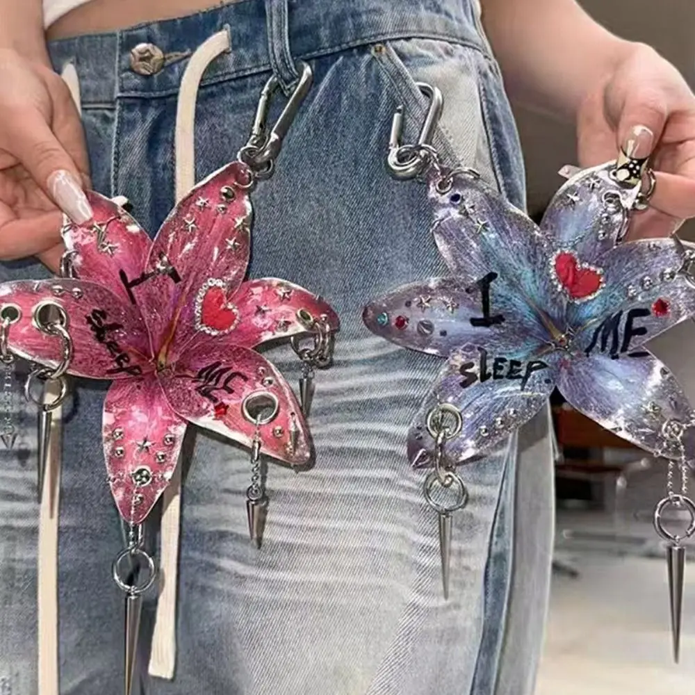 Cute Phalaenopsis Orchid Lilium Brownii Flower Pendant Rivet Punk Colorful Rhinestone Keychain Hanger Fashion Bag Charm Women