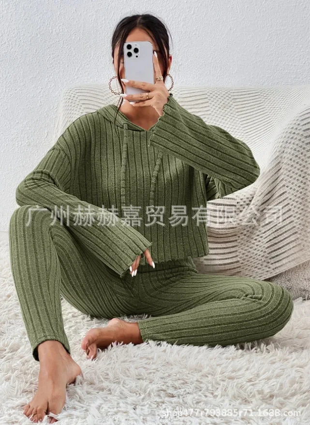 Women\'s New Autumn Fashion Solid Color Casual Pit Strip Knitted Two-piece Hooded Loose Top + Elastic Waist Small Foot Pants