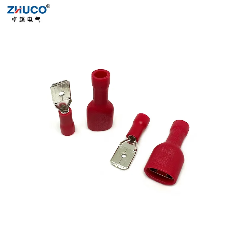 10Pairs FDFD1.25-250 MDD1.25-250 Female Male 6.35mm Red Insulated Wire Connector Faston Cable Brass Crimp Spade Terminal