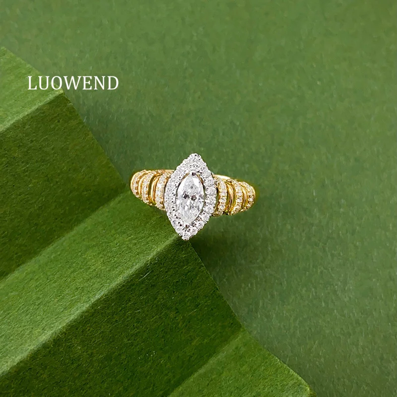 LUOWEND 100% 18K Yellow Gold Rings Fashion Marquise Shape Real Natural Diamond Engagement Ring for Women High Party Jewelry
