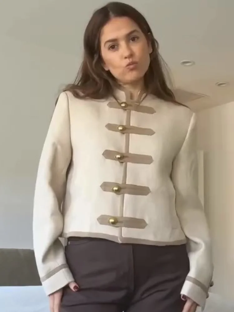 

Fashion Stand Collar Patchwork Coats for Women Casual Long Sleeve Female Buttons Jackets 2025 Autumn New Lady Vintage Outerwear