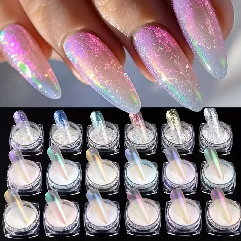 18 colors/set Mermaid Mirror Shiny Chrome Opal Flake Pigment Nail Glitter Powder - Aurora Moonlight Laser Pearl White Dust Holog