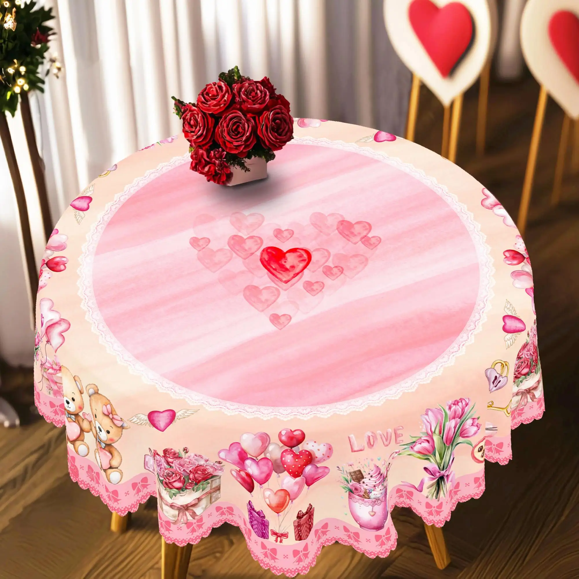 1 Piece Valentine's Day Round and Rectangular Tablecloth, Available in Various Sizes, Pink Romantic Cute Couple Bear Round Decorative Tablecloth, Embossed Edge Craftsmanship, Valentine's Day Courtyard Tablecloth Decoration, Suitable for Daily Home Kitchen, Patio Use, Tablecloth for Date Decoration