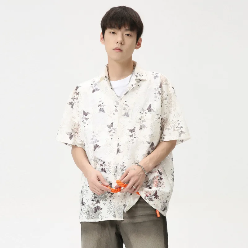 

2024 Summer New Men's Short Sleeve Thin Shirt Butterfly Print Hollw Out Loose Casual Fashion Turn-down Collar Top T-shirts