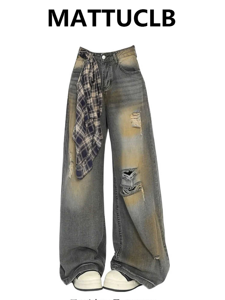 

Женские мешковатые джинсы в американском стиле ретро Harajuku High Street 2000-х годов, широкие рваные джинсы Y2k, японские джинсовые брюки, ковбойский прилив, хип-хоп