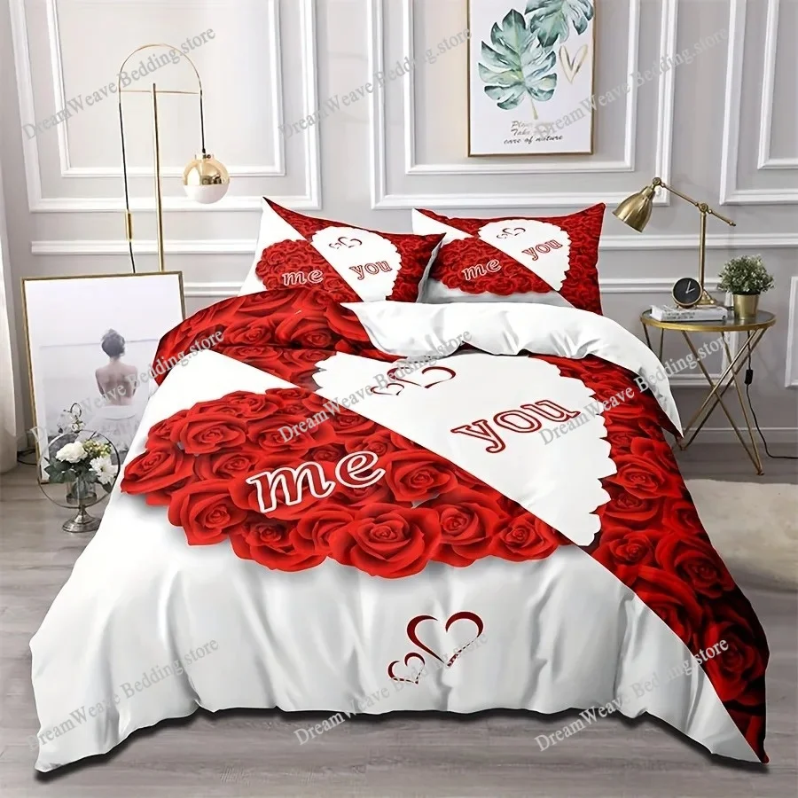 

Red Rose Duvet Cover Set King Size, Red and White Comforter Cover Sets with Zipper Closure, Romantic Hearts Lover Bedding Set