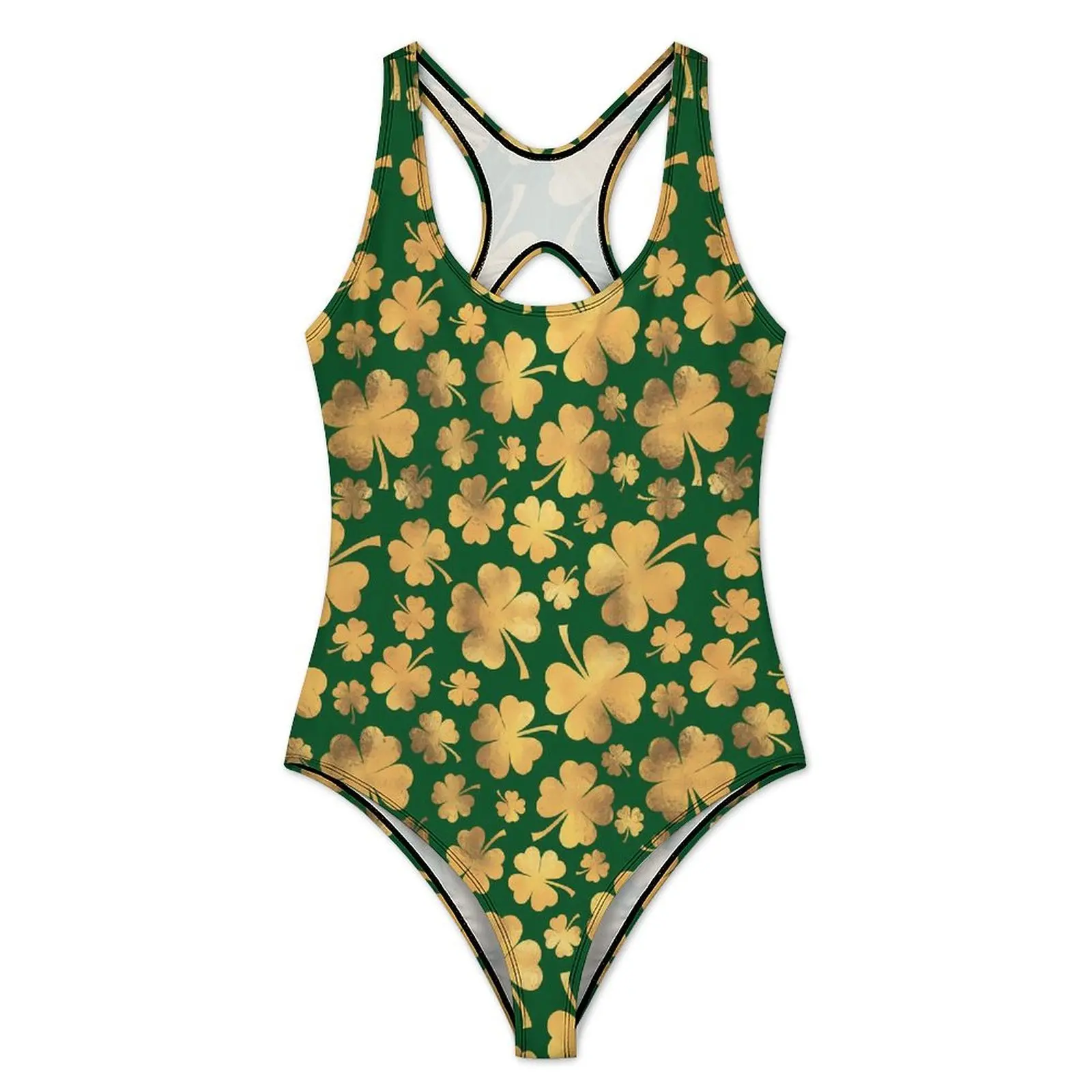 St Patricks Day Swimsuit Gold Foil Shamrocks One Piece Swimwear Push Up Stylish Bathing Suits Sexy Surfing Design Bodysuit