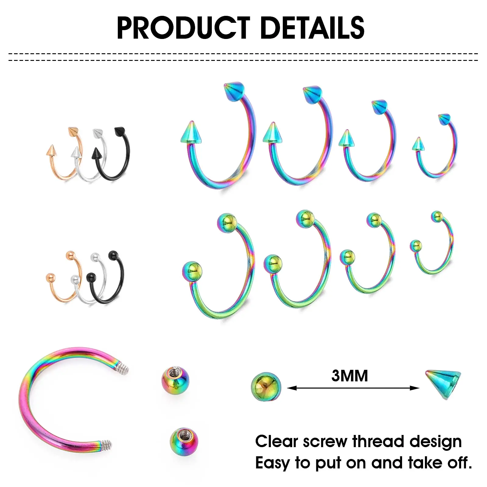32Pcs 16G Variety of Sizes Horseshoe Rings Surgical Steel Nose Septum Hoop Earring Eyebrow Earring Lip Piercing for Women Men
