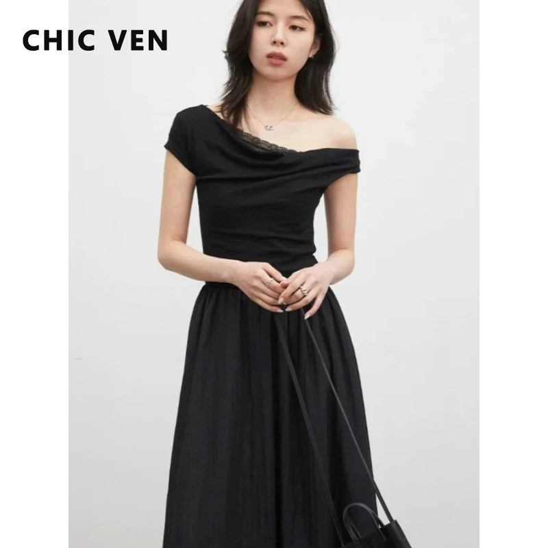 

CHIC VEN Korean Women Dresses Solid Short Sleeve Loose Casual Lace Shoulder Swing Collar Female Long Dress Spring Summer 2026