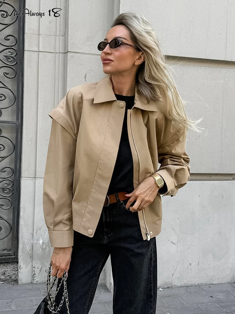 Mnealways18 Khaki Street Style Zipper Elegant Windbreaker Women Autumn 2024 Long Sleeve ​Lapel Outerwear Winter Turn Down Collar