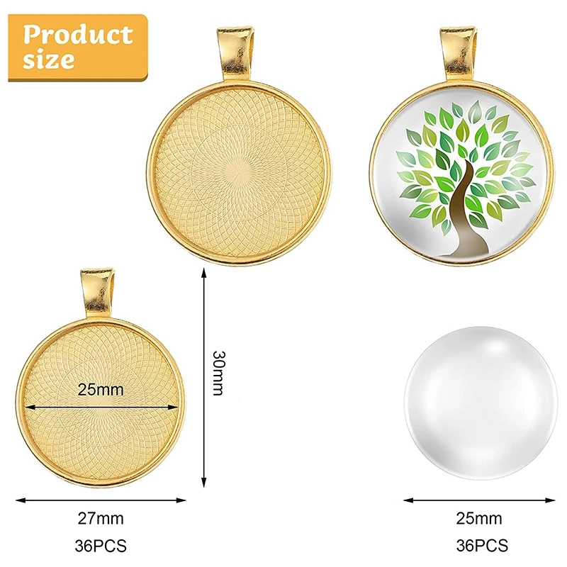 72 Pcs Sublimation Pendant Trays Set, 36 Pieces 9 Colors Round Bezel Blanks with 36 Transparent Glass Cabochons