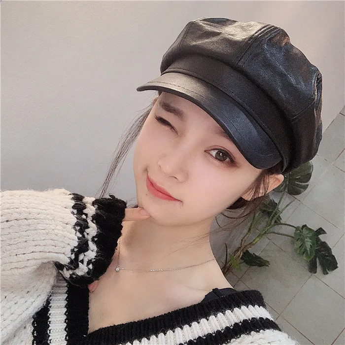 2020 Fall Winter New Fashion Women Solid Color PU Leather Caps Octagonal Cap Casual Vintage Hats  Cap for Women Casquette