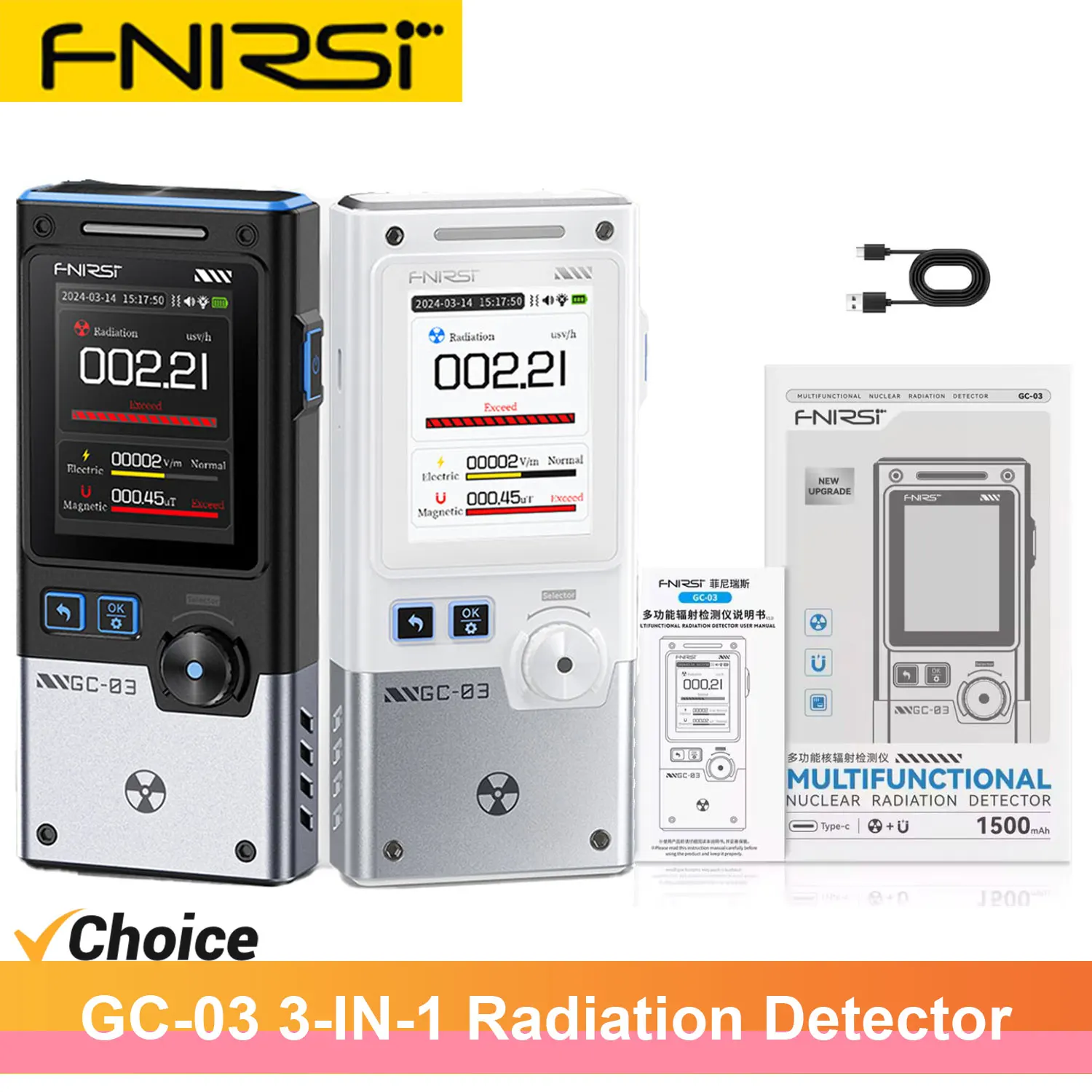 

GC-03 FNIRSI 3-IN-1 Electromagnetic Radiation Detector Measures Electric and Magnetic Field Strength RF Power and Temperature