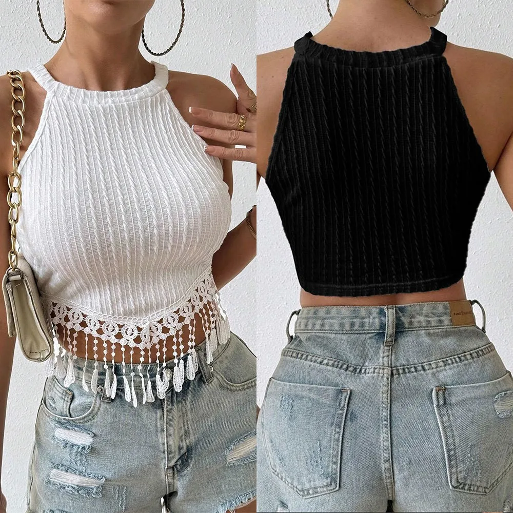 

Summer Clothes Women Y2k Tank Top Halter Neck Crop Camisole Ribbed Knit Vest Top Sleeveless Top Solid Color Elegant High Waist