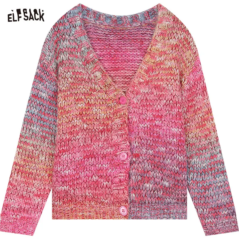 ELFSACK 2024 Autumn New Arrivals Gradient color V-neck sweater cardigan for women, sweet and cool style versatile short knitted