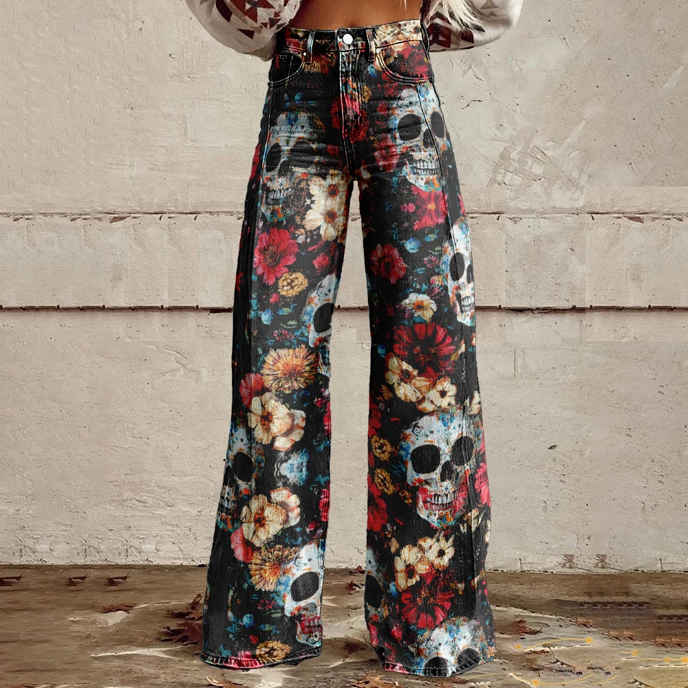 Women's Vintage Skull Rose Print Casual Wide Leg Jeans Sexy High Waisted Distressed Trousers Punk Streetwear Loose Party Trouser