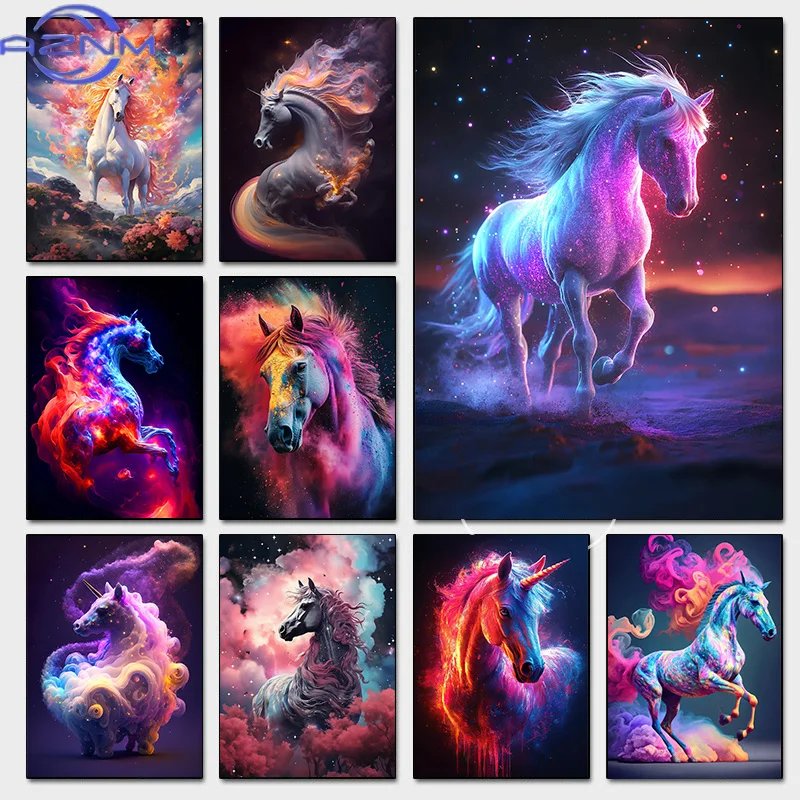 AZNM Mystery Colorful Creativity Horse Posters Cosmic Cloud Modern Prints Canvas Painting Wall Art Pictures Home Living Room Dec