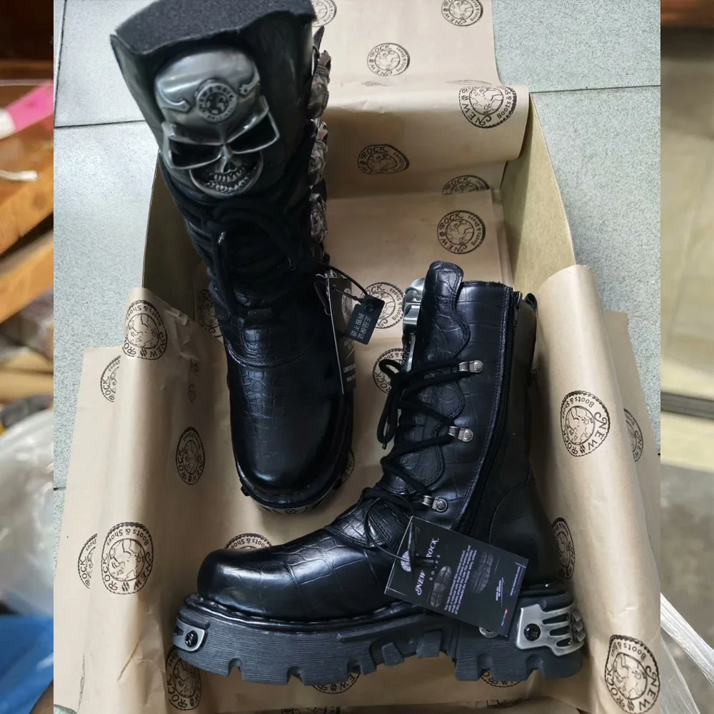 Fashion Genuine Leather Men's Motorcycle Boots Mid-calf New Skull Devil Goth Punk Metallic Buckle Strap Western Combat Boots