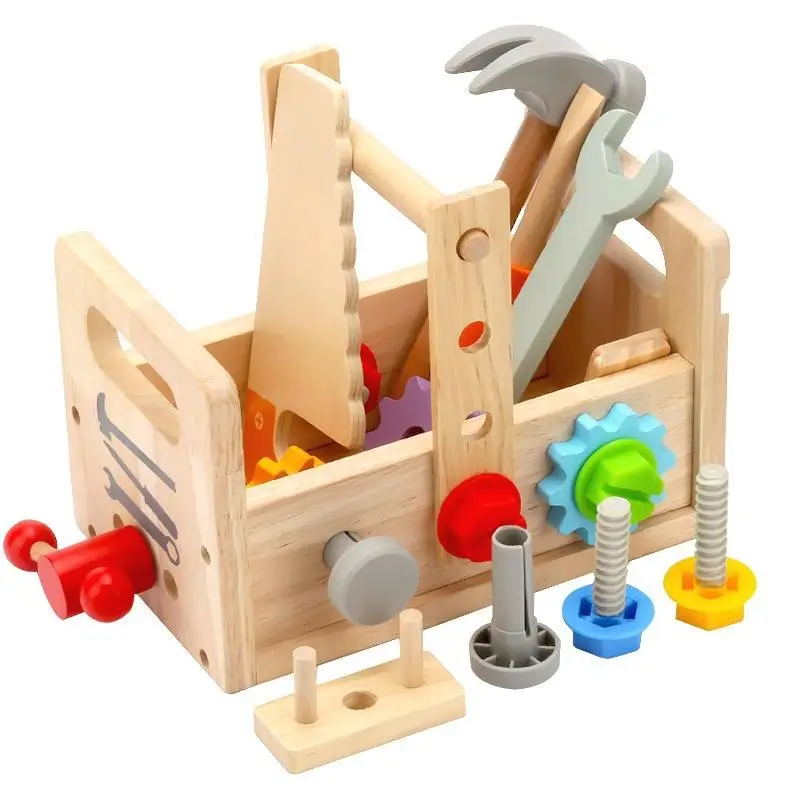 

Wooden Construction Repair Tools Toy for Toddlers with Portable Toolbox and Multi Accessories for Montessori Learning Boys Gift