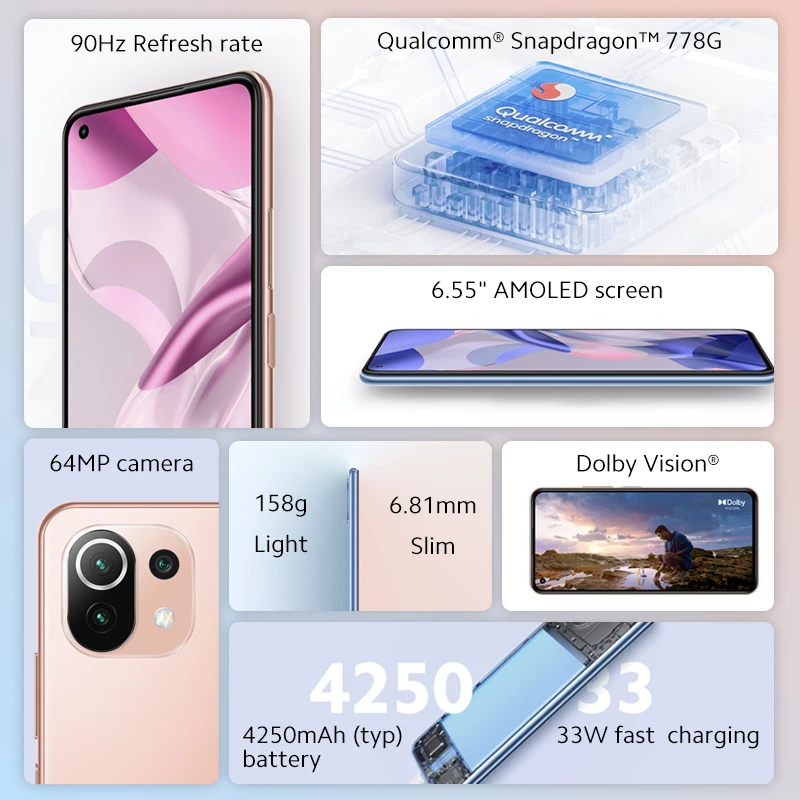 نسخة عالمية من شاومي 11 لايت 5G NE 128GB / 256GB سنابدراجون 778G ثماني النواة كاميرا 64MP 90Hz AMOLED NFC