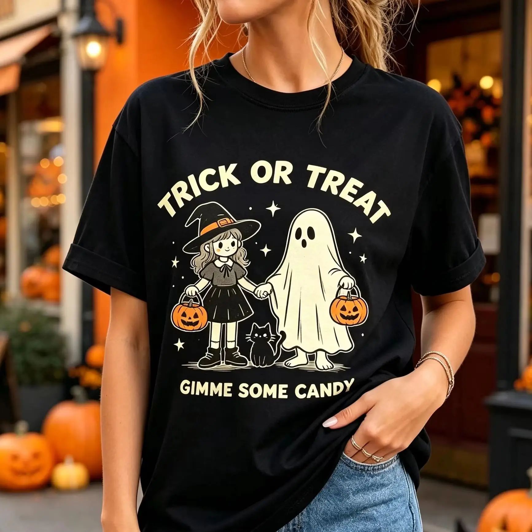 Trick Or Treat Gimme Some Candy Ghost Witch Girl Black Cat Halloween Graphic T Shirt Cute Retro Women Short Sleeve Casual Tee