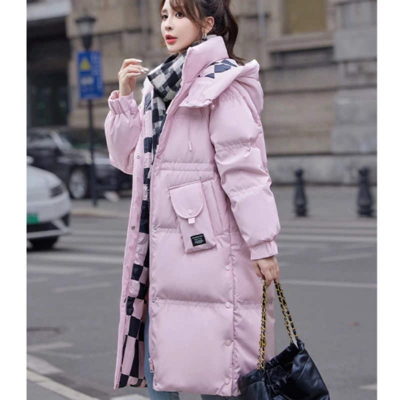 

2024 New Women jacket Long coats down fashion checkered Down jacket Hood Thick Parka Warm Windproof outerwear Winter coat female