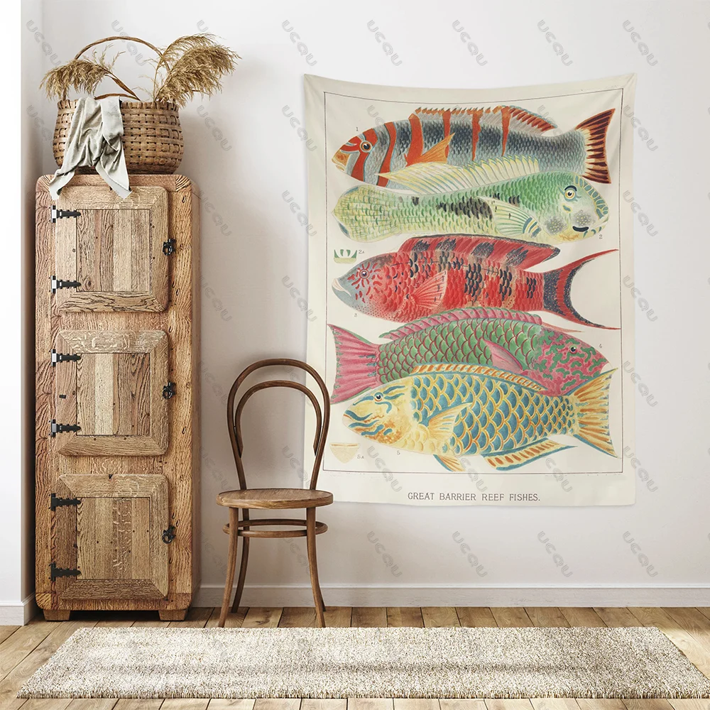Fisch-Wandteppich, Wandbehang, Wandteppich, Meeresleben, Haus, gruselig, naturinspiriert, Heimdekoration, Wohnheim-Wandbild, Geschenk, tolle Barriere, Riff, heiß