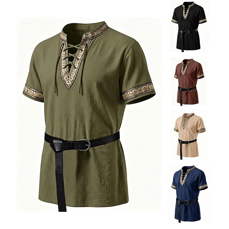 Celtic Knight Medieval Renaissance Nordic Retro Costume Performance Masked Character Role-Playing Short-Sleeved Shirt