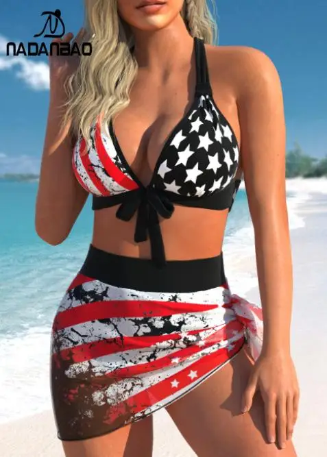 Baju renang Bikini seksi motif bendera nasional Nadanbao Set Bikini pakaian renang pesta pantai Hari Kemerdekaan wanita Bikini modis