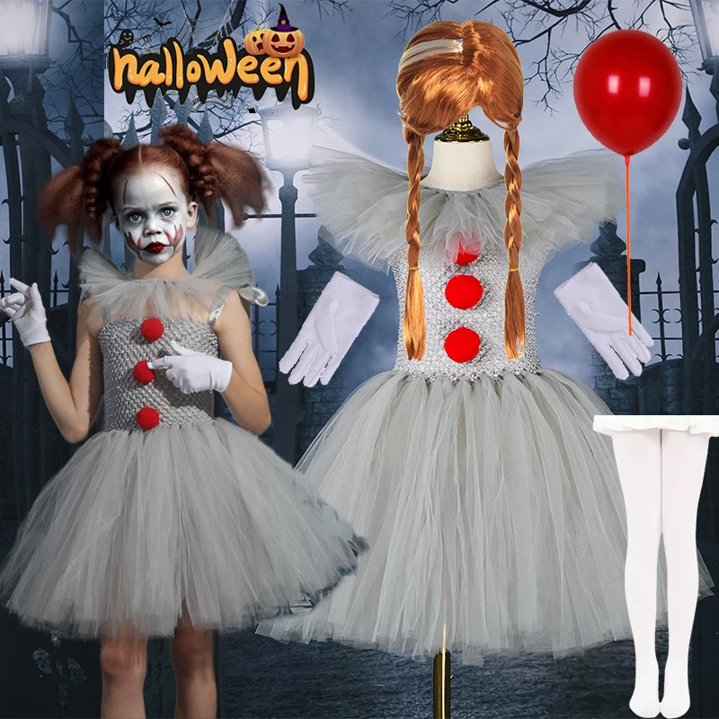 Halloween Costumes Children Clown Tutu Dress Halloween Girls Clown Cosplay Costumes Clown Dress Kids Halloween Party Clothings