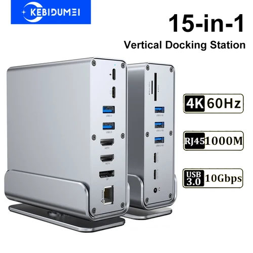 Imagen 1 del producto Estaciones de acoplamiento verticales Estación de acoplamiento USB 15 en 1 concentradores TIPO C con triple monitor HDMI 4K60Hz/RJ45 1000M/USB3.0/PD100W
