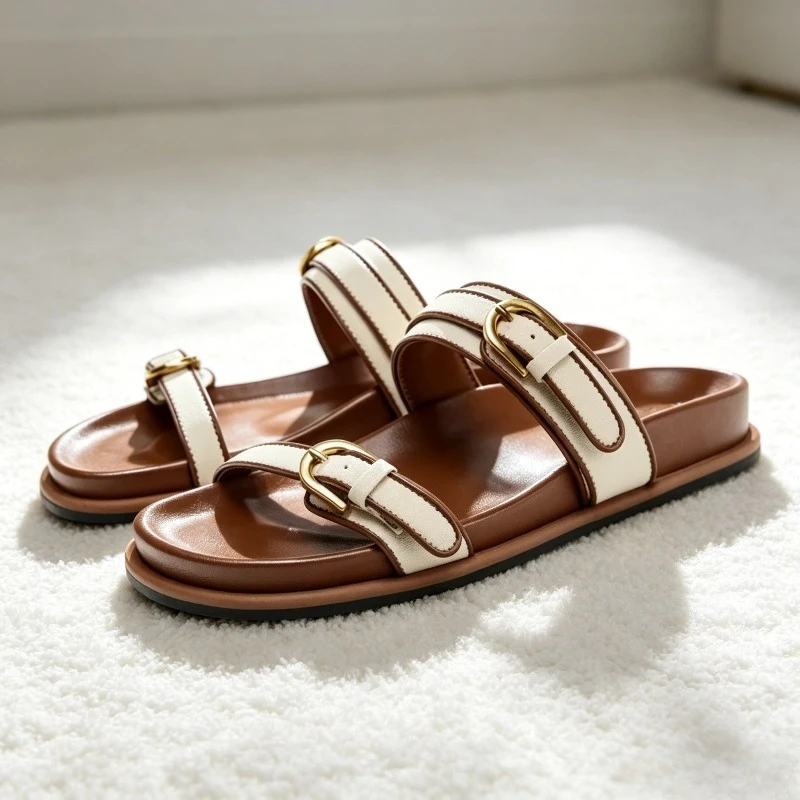 Fashion Double Strap Metal Buckle Design Comfortable Flat Sandals Women Comfort Light Slippers Luxury Designer Beach Casual Shoe