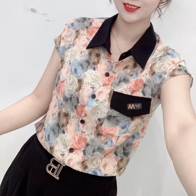 Women\'s Summer Turn-down Collar Flower Stripe Printing Pockets Button Pullover Chiffon Short Sleeve T-shirt Contrast Color Tops