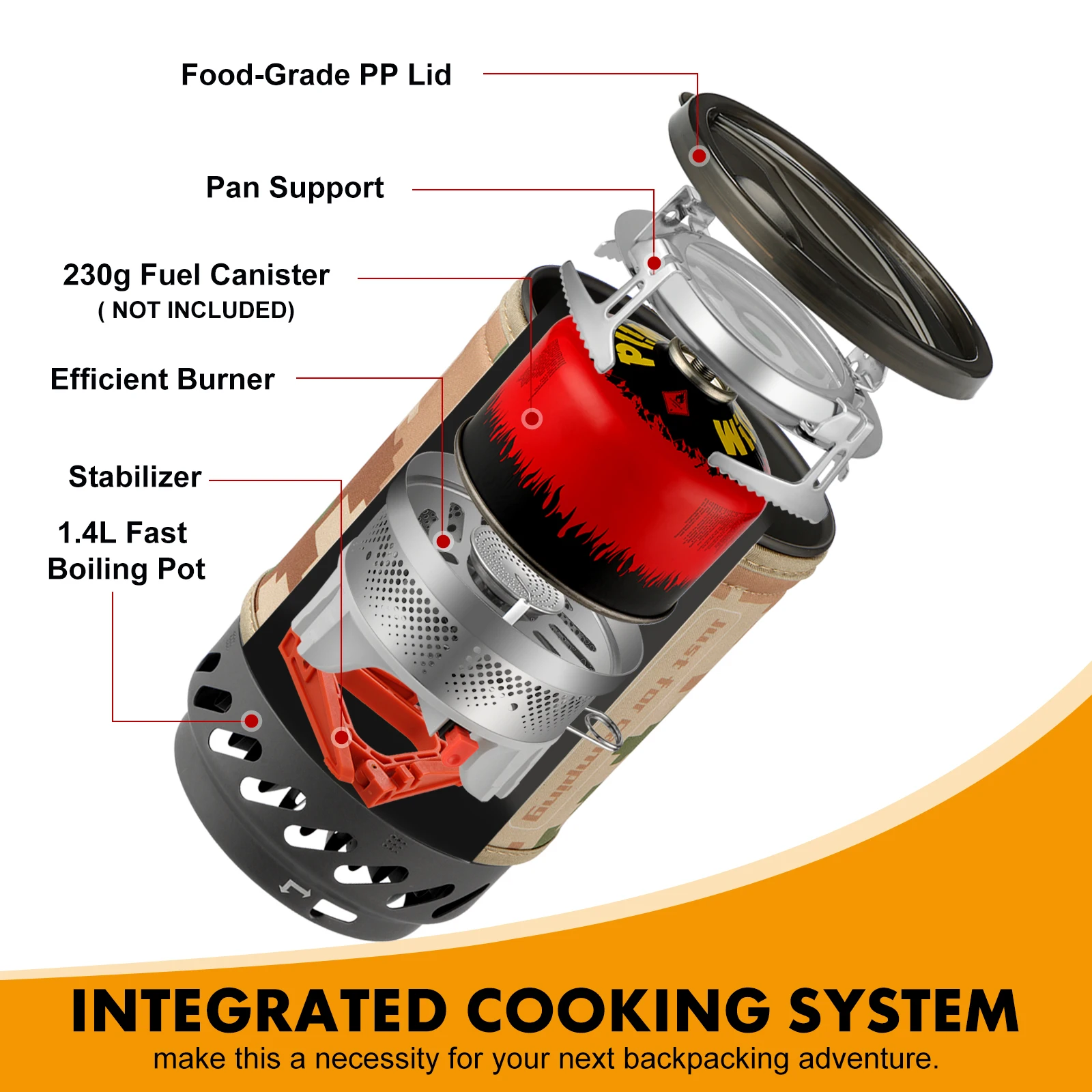 Estufa de mochilero de 1.4L, equipo de cocina de propano para acampar, sistema de quemador de campamento portátil con trípode, soporte para olla