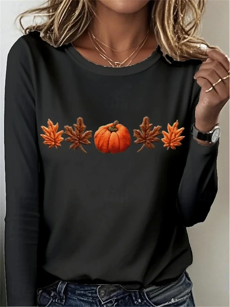 Women's Halloween Long-Sleeve T-Shirt with Pumpkin and Maple Leaf Print Round-Neck Casual Style A Stylish and Comfortable Top