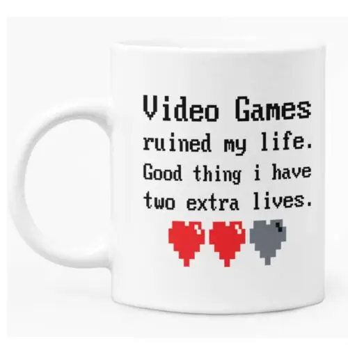 

Funny Gamer Mug 11oz White Ceramic Coffee / Tea Mug Gift "Extra Lives"