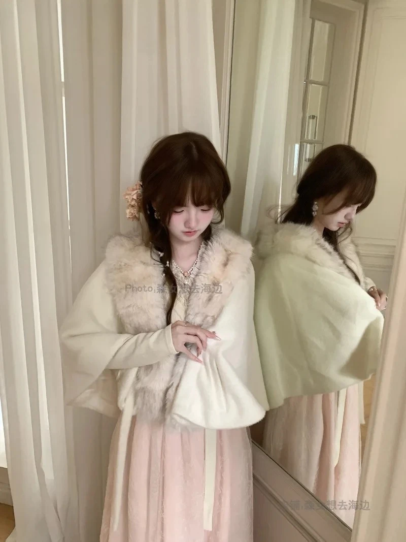 Autumn Winter New Original Beige Faux Fur Collar Cape Coat Sweet Cute Girls Versatile Solid Color Tie Short Shawl Jacket