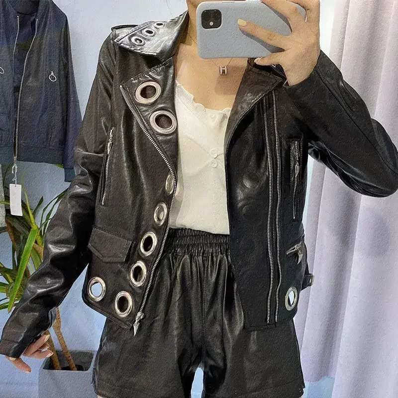 Women Chic Faux Leather Motorcycle Jacket Fall PU Locomotive Bomber Coat Zipper Cardigan Metal Rings Hollow Streetwear Crop Tops