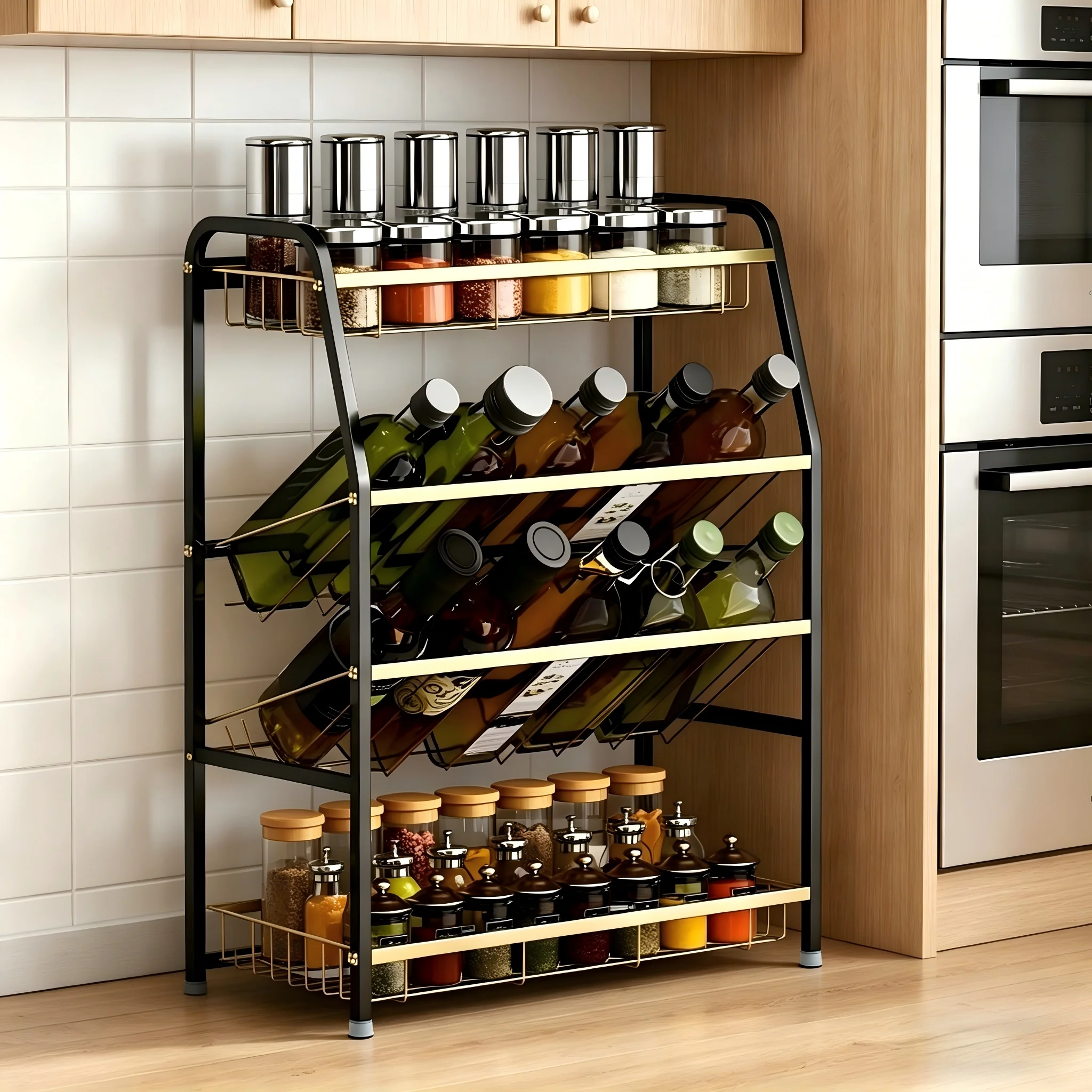 

4-Tier Kitchen Spice Rack Organizer Wall Mounted / Countertop 2-in-1 Stainless Steel Seasoning Storage Shelf with Knife Holder &
