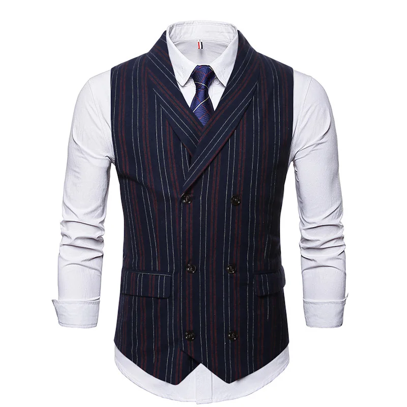 

#4843 Blue Vertrical Striped Vests Coat Man Lapel Collar Business Vests For Men Sleeveless Jackets Slim Fit Outerwear Male Vest