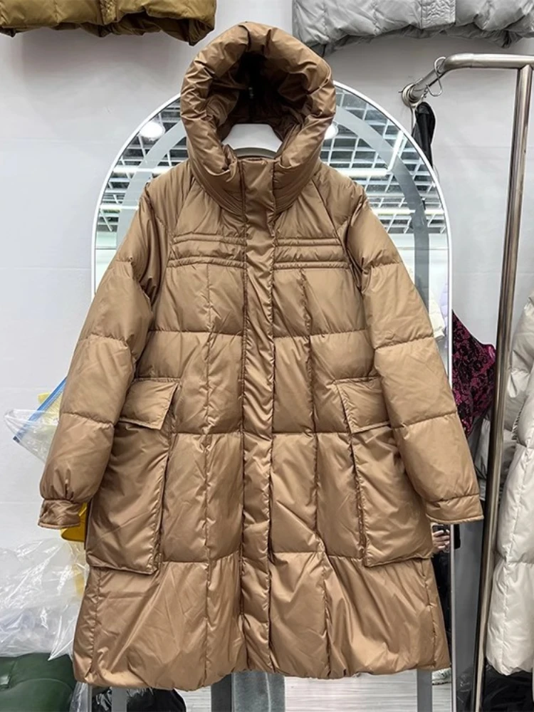 

Women's Oversize Cape Down Jacket Winter Thickened Long Hooded Bread Suit Slimming Big Pocket Warm White Duck Puffer Coat Trendy