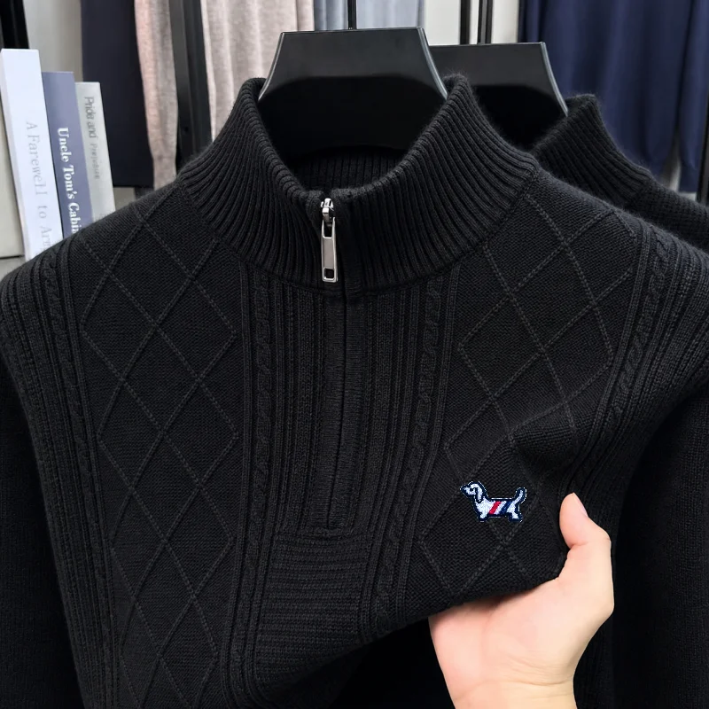 Premium Quality Man Long-Sleeved Knitwear Mock Neck Zipper Dog Embroidery Diamond Pattern Autumn Winter New Leisure Pullover