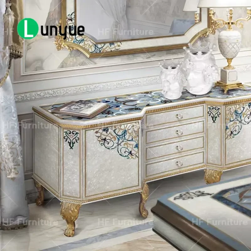 French Rococo Style Hand Painted Inlaid Art Side Cabinet with Drawers and Doors Luxury Villa Entrance Storage Furniture