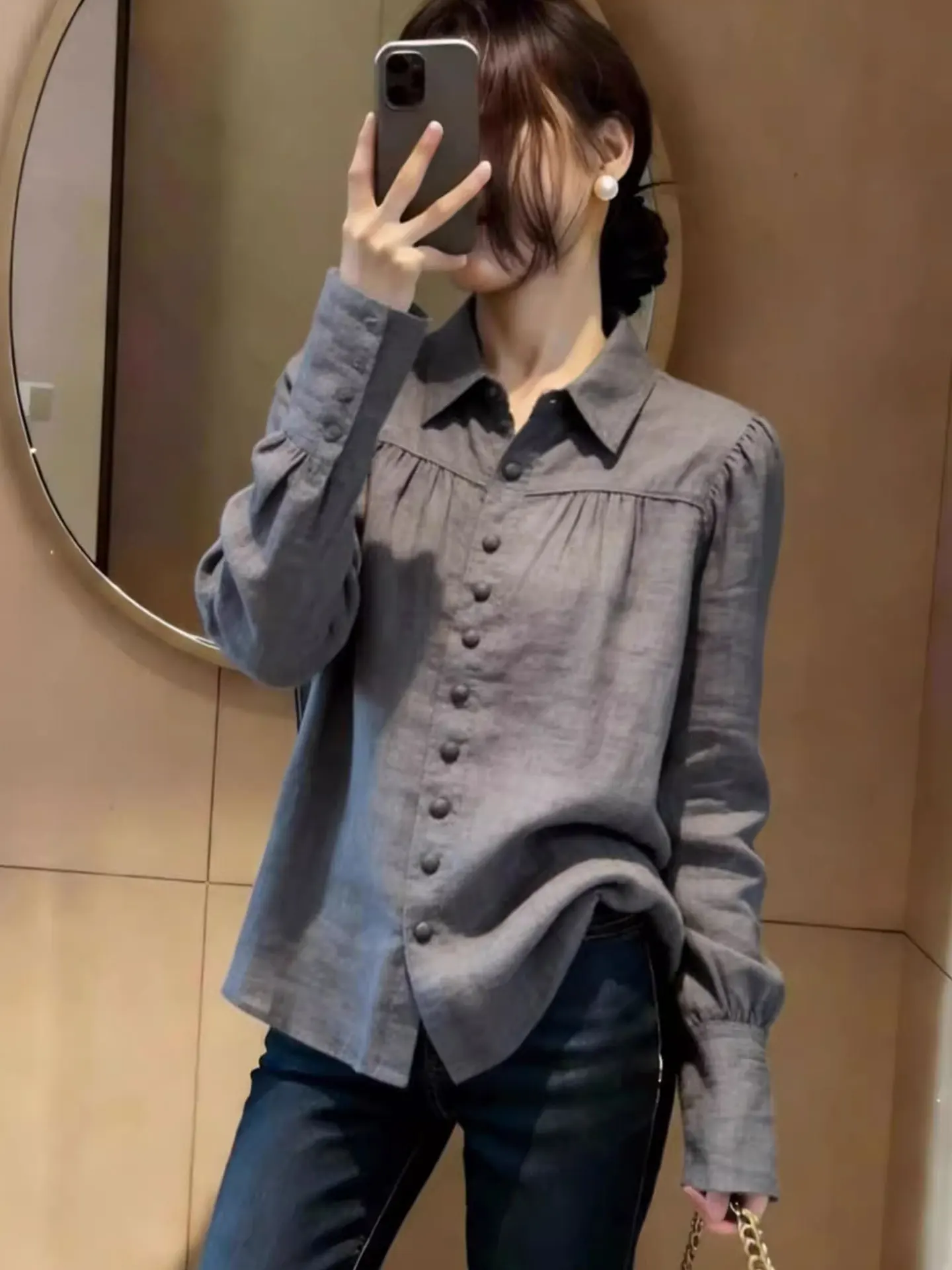 

Ele Pure Color Collar Long Sve irt Women's Loose Fit Spring Sle Single Button Silk Top Korean Version Straigh...