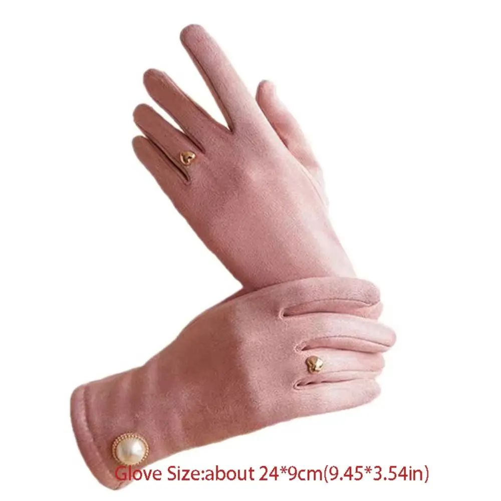 Guanti da ciclismo invernali in velluto carino Guanti da donna con perle a forma di cuore Guanti morbidi e spessi da esterno