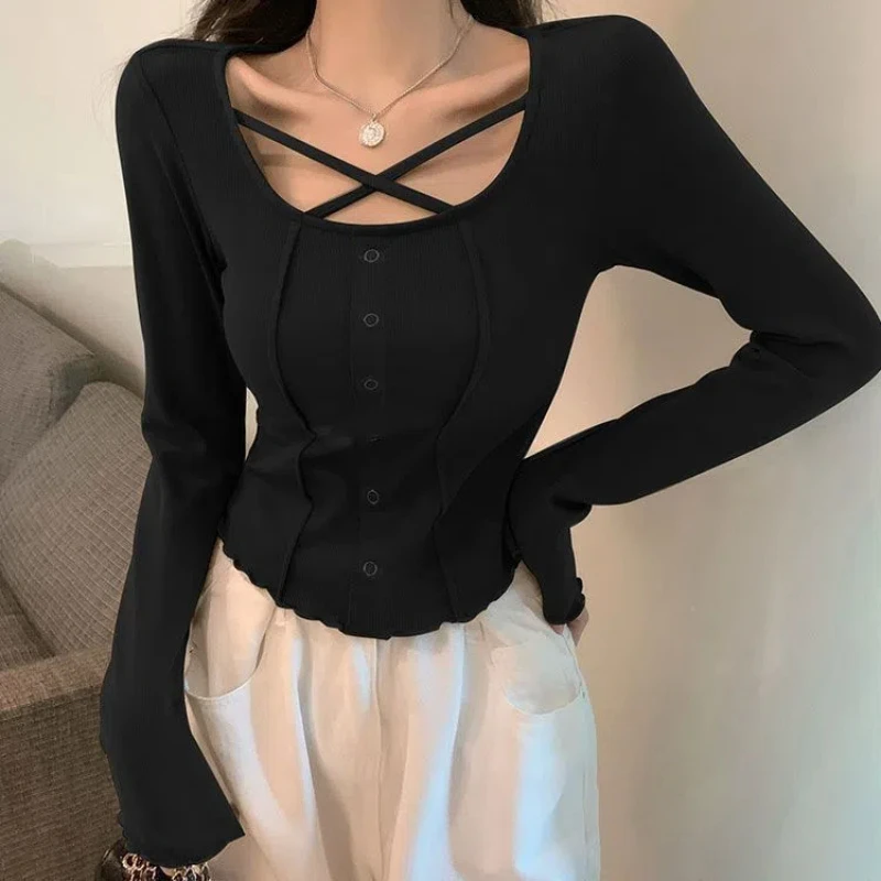 

Spring Autumn New Slim All-match Fashion T Shirts Long Sleeve Solid Simplicity Sexy Tops Harajuku Casual Women Clothing