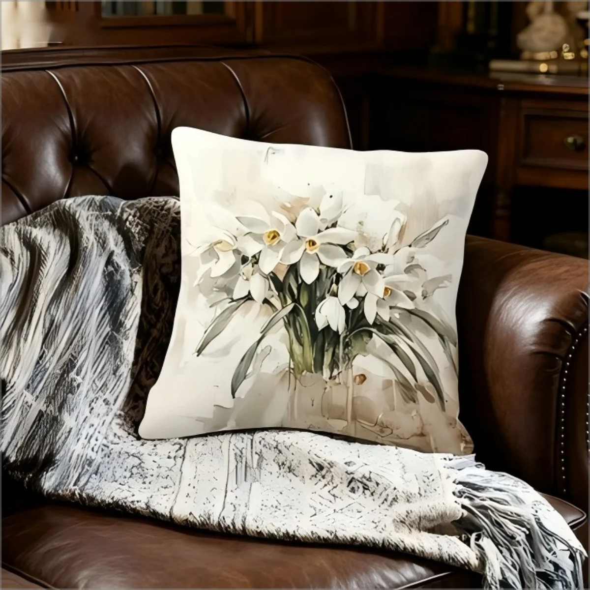 Vintage Watercolor Daffodil Print Throw Pillow Cover, Neutral Floral Botanical Art Decorative Cushion for Farmhouse Decor